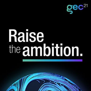 Text Raise the Ambition on black background above image of the Earth with blue and purple swirls