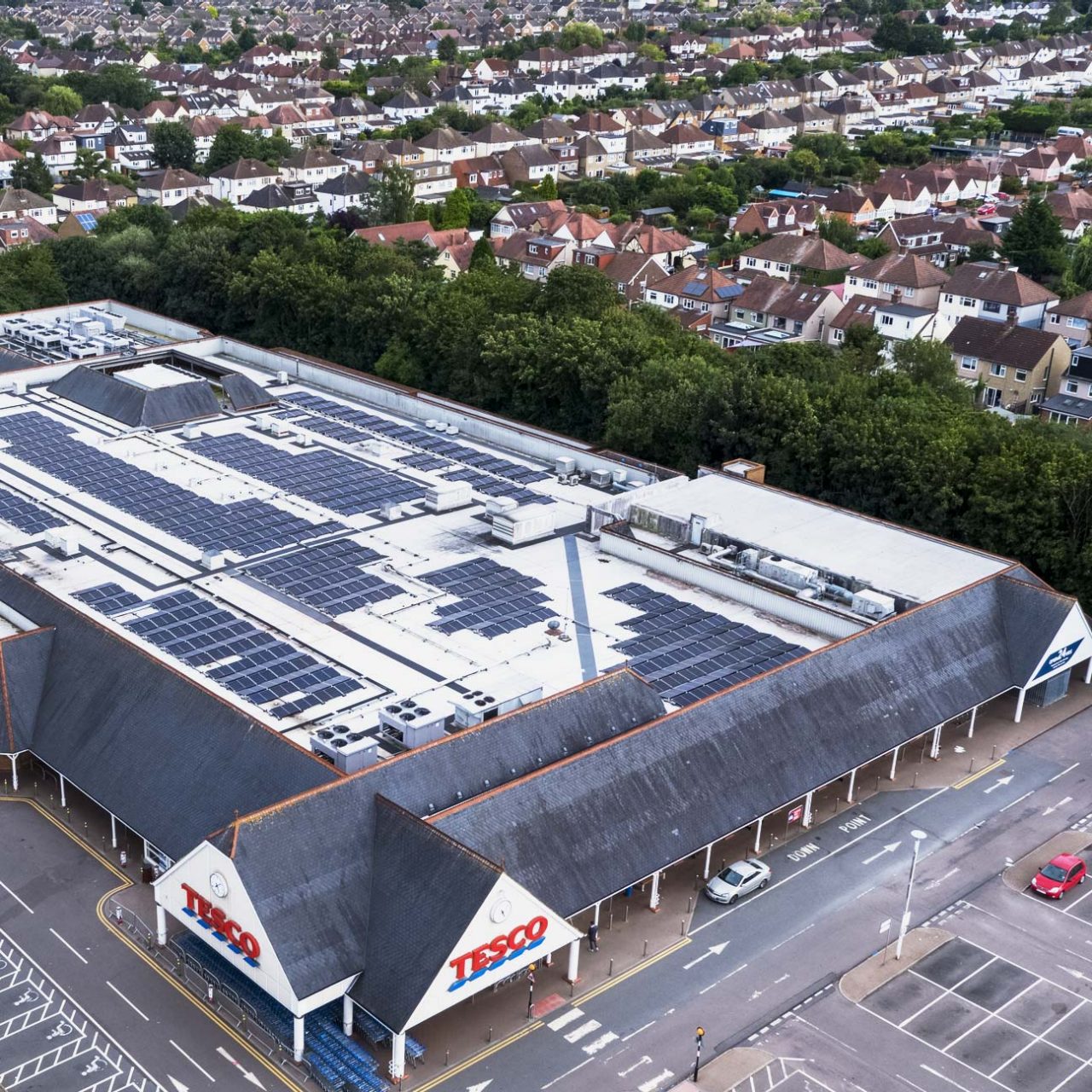 Rooftop solar panels on supermarket building