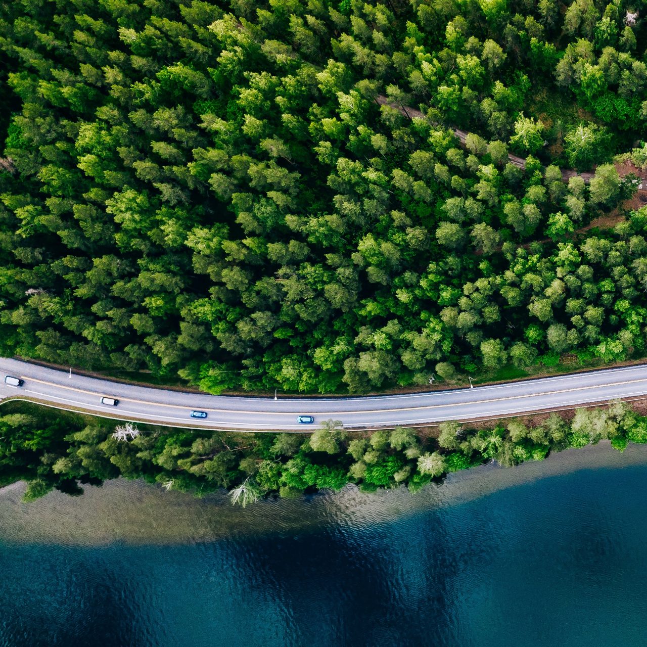 Aerial image of cars on a windy road 