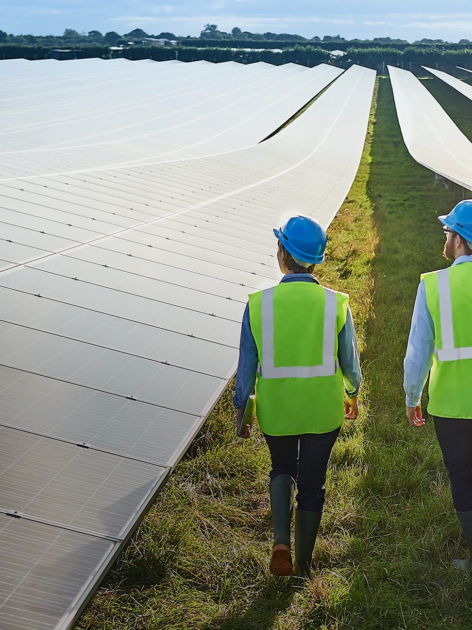 Surveying Engineers in safety wear in solar farm