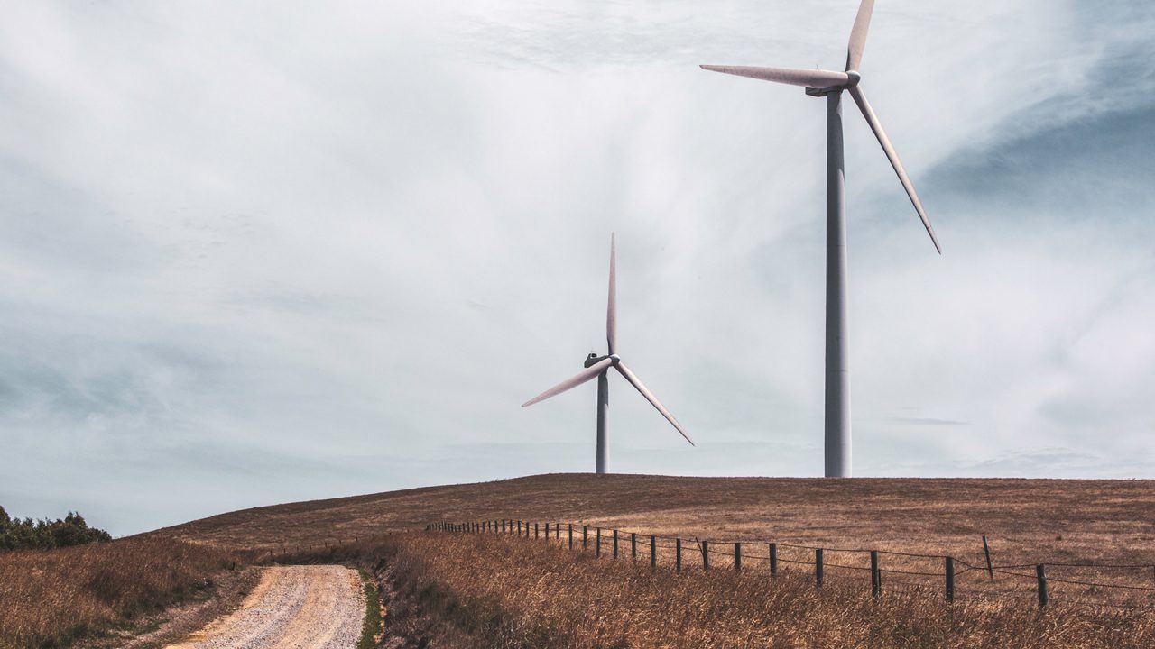 Two wind turbines on a grey sky and dry grass