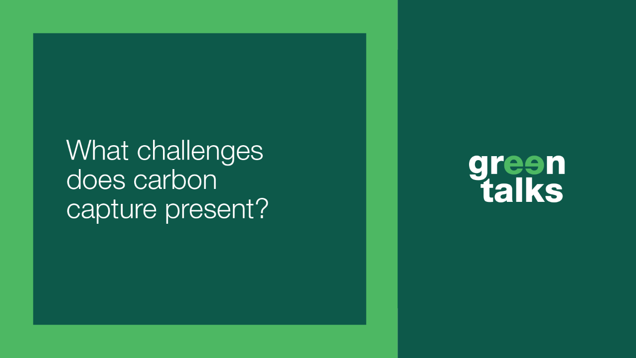 green image with what challenges does carbon capture present? in white font