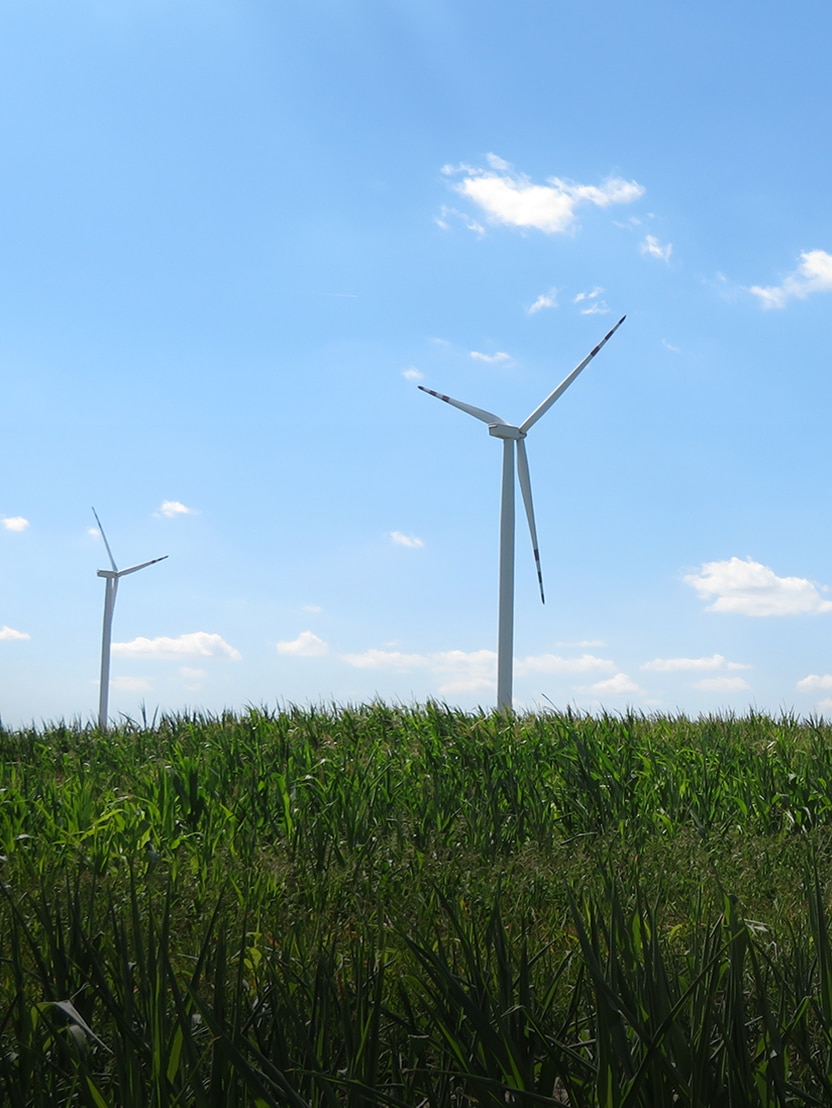 Wind turbines on a green grass hill with blue sky behind
