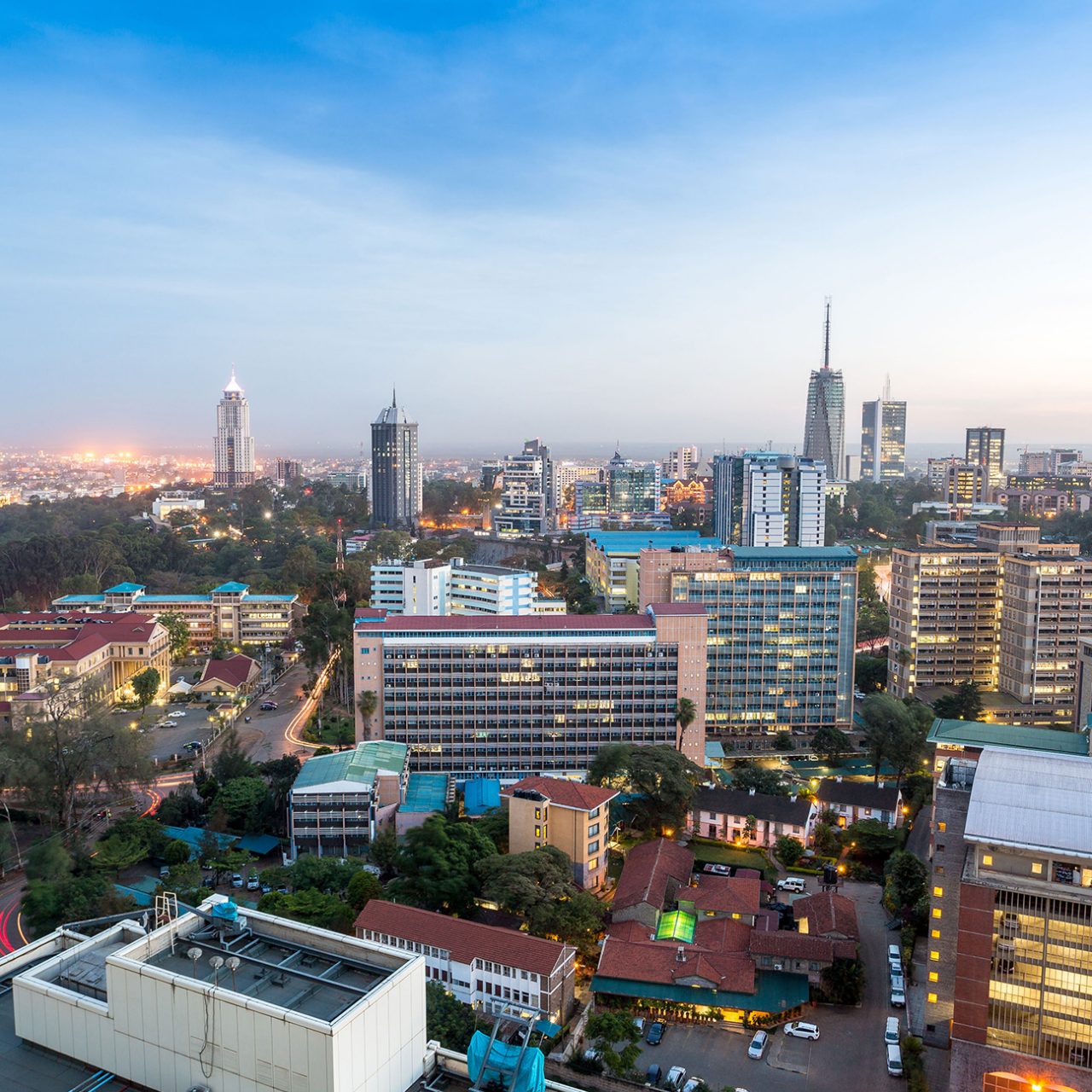 City skyline at dusk