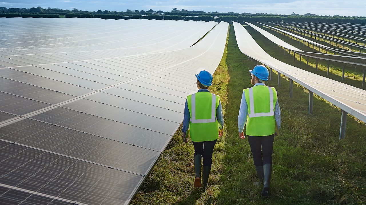 Surveying Engineers in safety wear in solar farm